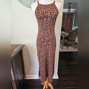 Old Navy Size XS Ribbed Fitted Midi Dress Side Slits Cheetah Print Square Neck
